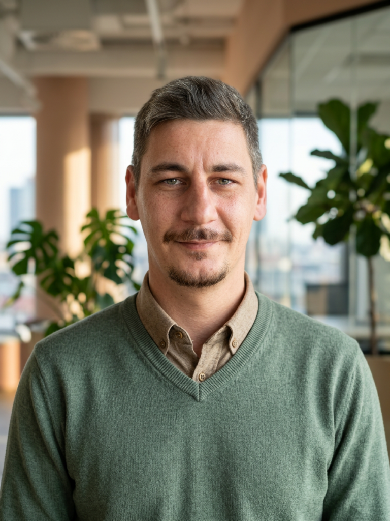 Dag Eckertz mit grünem Pullover in einem Büro